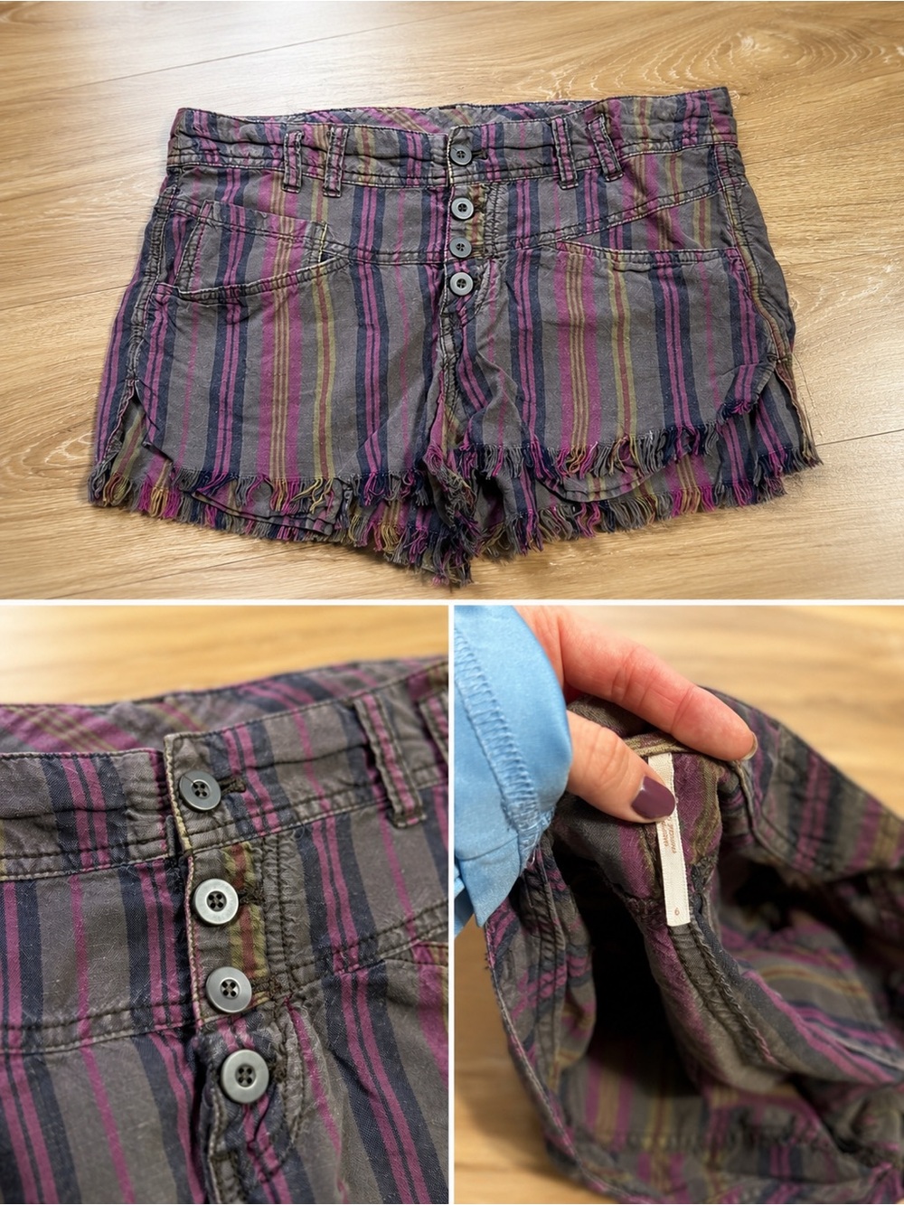 Striped Frayed Hem Women's Shorts - Purple Multi